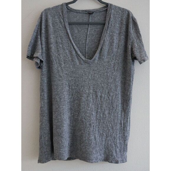 Monrow HT218MHJ Women Sz L Gray Textured Tri-Blend Relaxed V Neck Tee Shirt - Picture 3 of 8